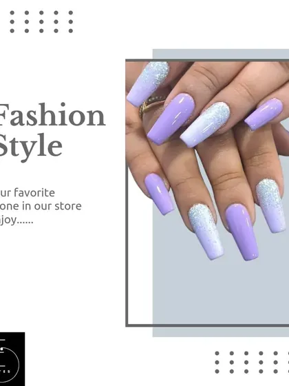 Get your favorite fashion-forward nails done in our store. This lavender and silver glitter set is a perfect example of our stylish offerings.