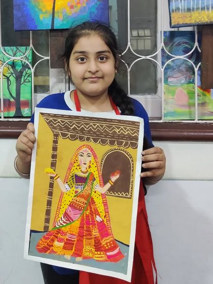 This student's painting of a woman in traditional Rajasthani attire is rich in detail and colour, a beautiful exploration of Indian folk art.