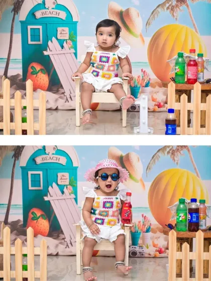A before-and-after collage showing the birthday girl with and without her cool sunglasses. This highlights the fun costume changes and playful accessories I provide for themed shoots.