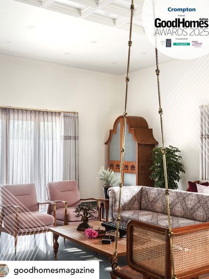 The living room of Prangan, with its traditional swing and coffered ceiling, was a central part of our award-winning project, showcasing a space that is both elegant and deeply connected to Indian culture.