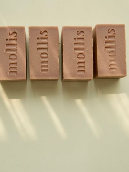 A row of pink clay bars, part of my sustainable soap collection.