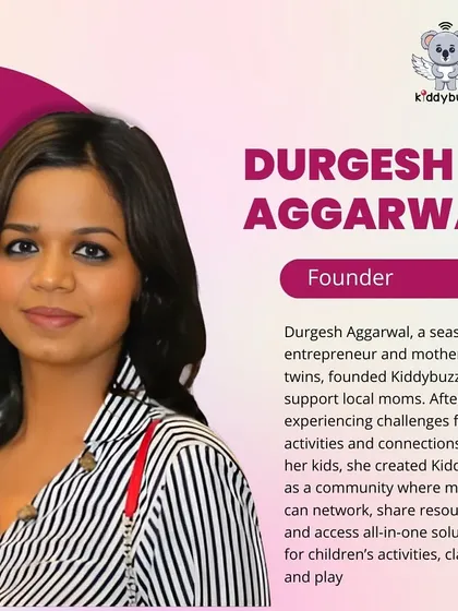 Meet our founder, Durgesh Aggarwal. This graphic introduces the mom-of-twins behind Kiddybuzz and her mission to create a community for local moms to find all-in-one solutions.