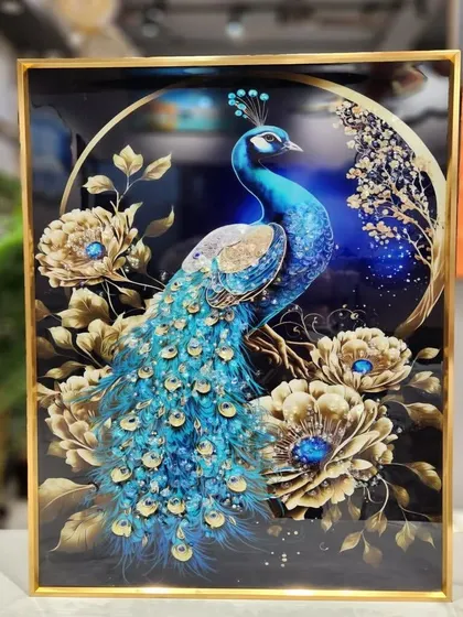 Our signature crystal paintings bring unparalleled elegance to your walls. This piece, featuring a majestic peacock, is created with a special textured technique and comes with a 10-year print warranty, ensuring its vibrant colors and intricate details last for years to come.