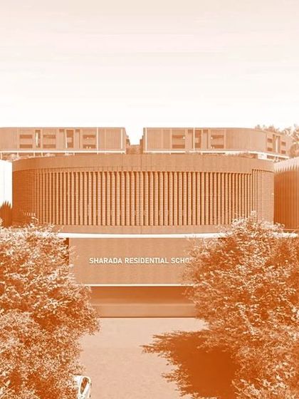 A frontal concept view of an academic building at the Sharada campus, showcasing a modern yet grounded architectural language.