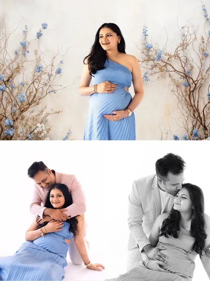 A collage showcasing different looks from a single maternity session, from a solo portrait against a floral wall to intimate couple poses.