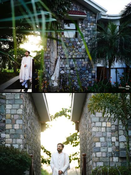 A collage of the groom at a beautiful stone-walled venue. The natural light and architectural elements create a series of strong and stylish portraits.
