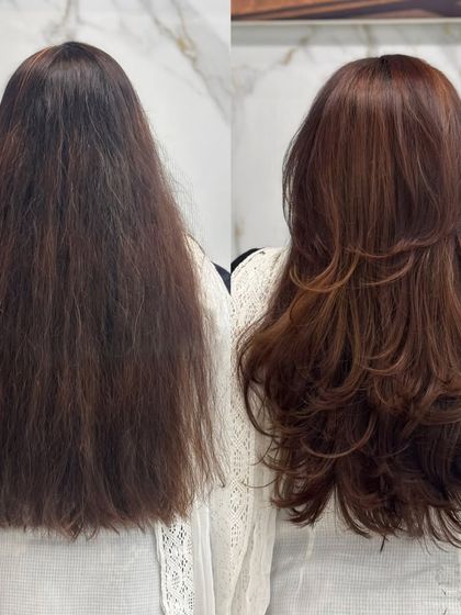 The back view of the total radiance transformation, showing off the new color and voluminous layers.