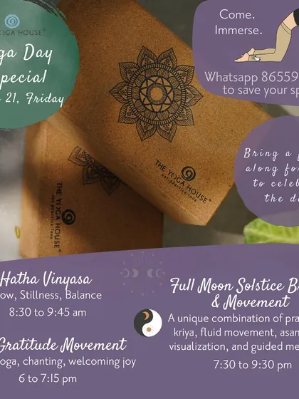 An invitation to our Yoga Day Special, where you could bring a friend for free. We offered Hatha Vinyasa, a Gratitude Movement session, and a Full Moon Solstice Breath & Movement class.