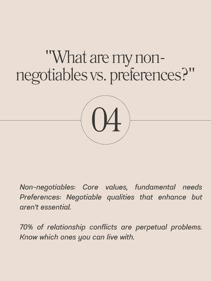 Before you start dating, it's crucial to know your non-negotiables versus your preferences. Non-negotiables are your core values, while preferences are qualities that are nice to have but not essential.