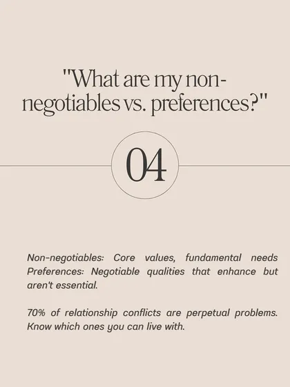 Before you start dating, it's crucial to know your non-negotiables versus your preferences. Non-negotiables are your core values, while preferences are qualities that are nice to have but not essential.