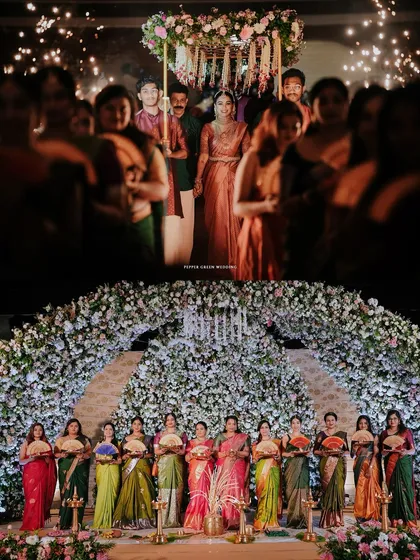 A collage showing the bride's grand entrance and her beautiful bridesmaids, capturing the scale and beauty of the ceremony.