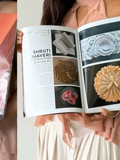 Another look inside the magazine, where several of my key pieces are showcased, including 'The Flight of Knowledge' and works from my upcycled paper sculpture series.