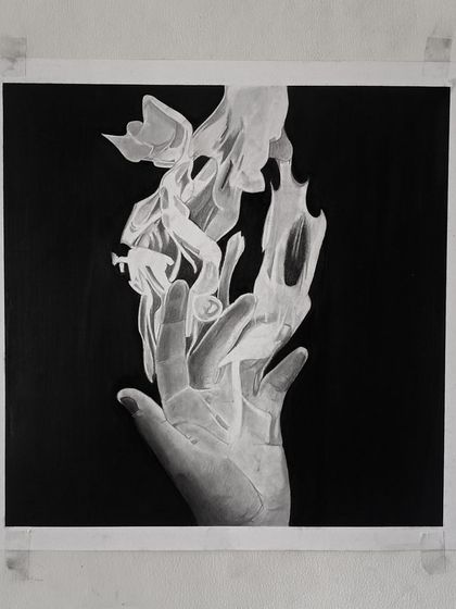 The "Fire" drawing on my wall. I used negative space and inverted shading to create the effect of glowing flames.