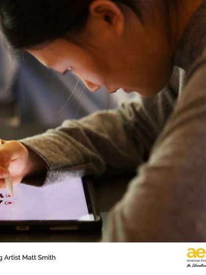 A student uses a tablet to create digital art during a workshop with visiting artist Matt Smith. We bring in global experts to expose our students to different artistic styles and career paths in the creative industries.