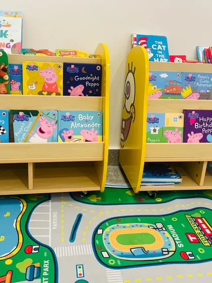 A finished project is all about the details. For the Eurokid library, we designed these low, forward-facing bookshelves to be accessible and inviting for children, creating a space that is both playful and organized.