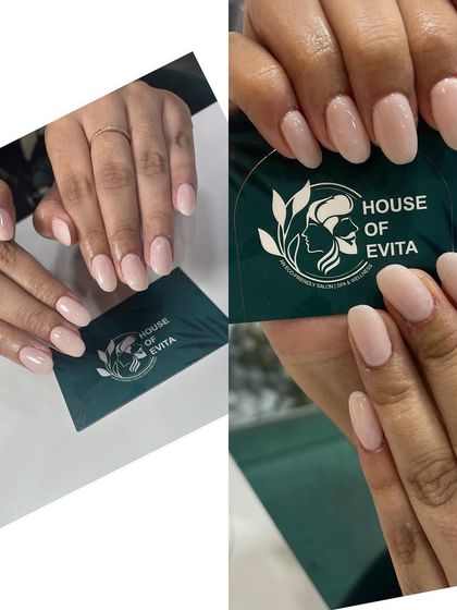 A collage showcasing a beautiful, soft, milky pink color on natural-looking extensions. This is a perfect choice for an elegant and understated manicure.