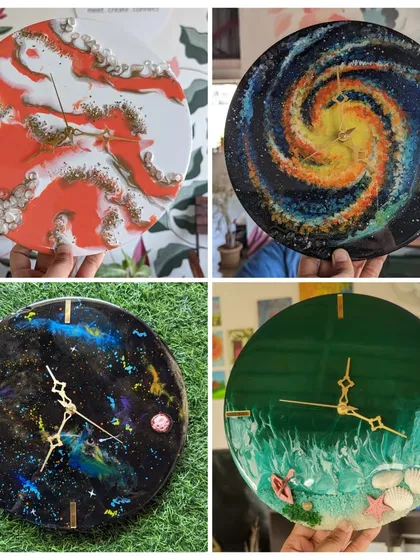 From swirling galaxies and fiery geodes to serene beach waves, our resin art workshops let you create a functional clock that's a unique piece of art. We provide all the materials and guidance you need to make a masterpiece for your home.