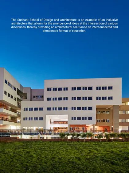 An evening view of the Sushant School of Art and Architecture. The design supports a collaborative and democratic approach to education by bringing multiple disciplines together under one roof in an inclusive architectural environment.