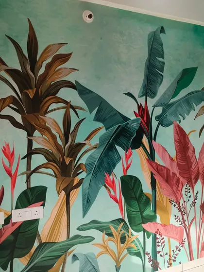 A closer look at the rich colors and details of the corner-wrapping tropical mural. The quality of the print ensures every leaf and flower is sharp and vibrant.