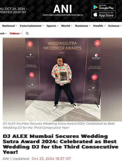 I am incredibly honored to be recognized by the industry. This screenshot from ANI news covers my third consecutive 'Best Wedding DJ' award from Wedding Sutra, a testament to the passion my team and I bring to every event.