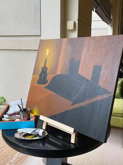 My work-in-progress painting, 'The Writer's Table', at the live art showcase.