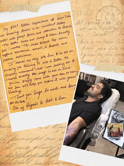 Ketubh's handwritten note about his amazing first tattoo experience, praising the clean work, hygiene standards, and collaborative design process.