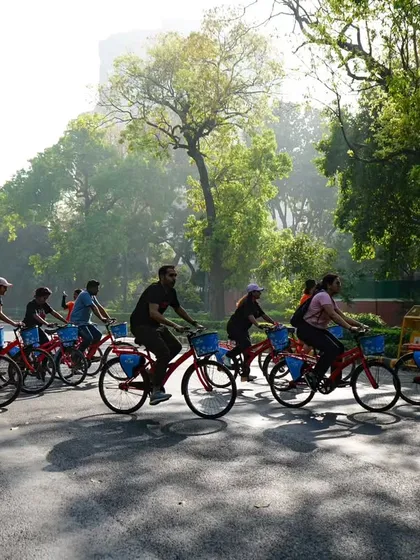 Cycling is not just fun, it's eco-friendly. This image of our group riding under the morning sun on a green avenue shows how we contribute to a more sustainable Delhi.