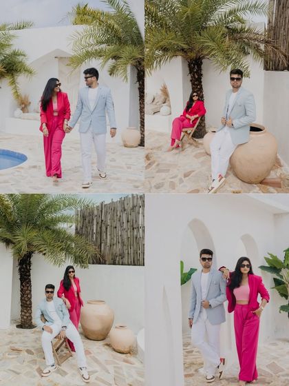 A collection of portraits from a modern, resort-style location. The couple's vibrant outfits pop against the white architecture and poolside setting, creating a fresh and fashionable look.