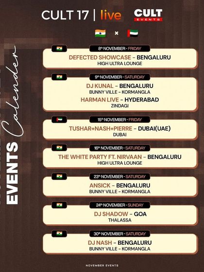 The November 2024 events calendar, highlighting shows in both India and Dubai. This graphic effectively communicates my international presence and the variety of events I produce in a single month.