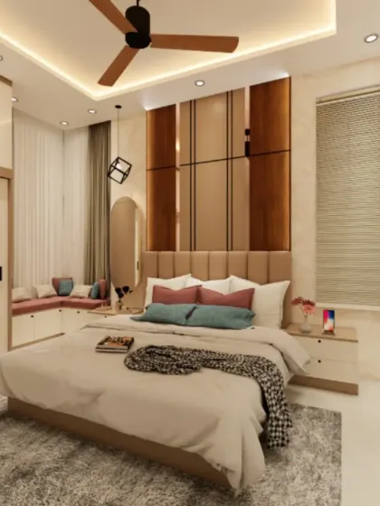 A bedroom render with a soft, neutral color palette, featuring a comfortable bed, a window-side seating nook, and a modern sliding wardrobe.