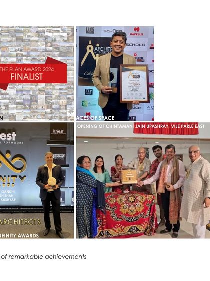 A collage celebrating a year of remarkable achievements in 2024, including winning the Knest Infinity Awards, being a finalist for The Plan Award, and the opening of the Chintamani Jain Upashray.