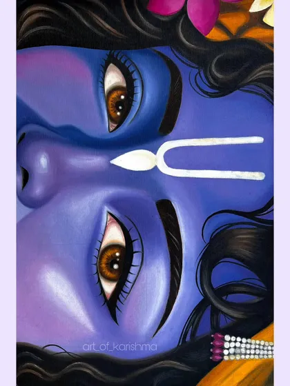 A close-up oil painting of Krishna's eyes, inspired by a quote from the Bhagavad Gita.