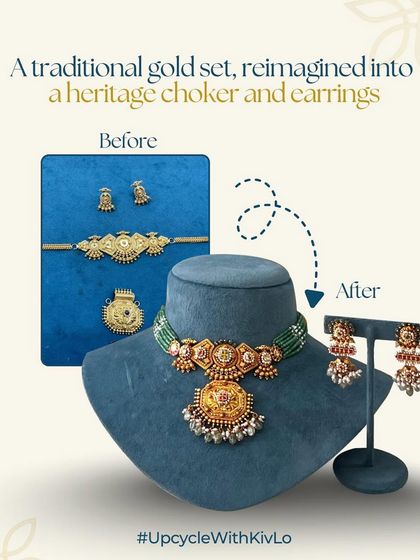 A traditional gold set, including a choker and pendant, was reimagined into this rich heritage choker and earrings. We combined the pieces, added a string of green beads, and created a timeless design that feels both classic and new.