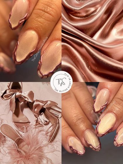 A mood board inspired by the luxurious feel of rose gold silk. This collage pairs a cat-eye manicure with a wavy rose gold chrome border with images of satin fabric and elegant accessories.