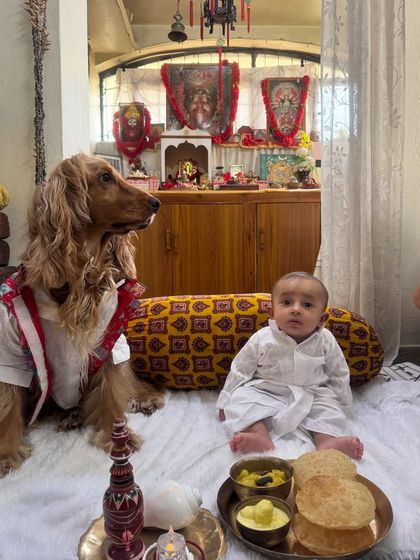 Celebrating Bengali New Year with both our boys in traditional attire, ready for the puja.