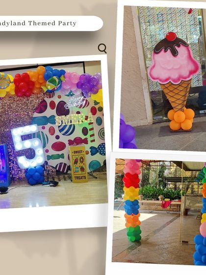 This Candyland themed party for a 5th birthday was a sweet escape. The decor included a backdrop of colorful candies, a giant ice cream cone balloon sculpture, and rainbow balloon columns.
