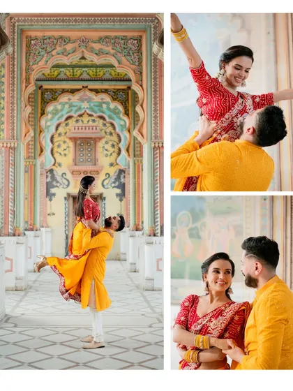 A vibrant and joyful collage of Amandip and Shine Kaur at Patrika Gate. The groom lifting the bride is a perfect candid moment that shows their fun-loving nature.