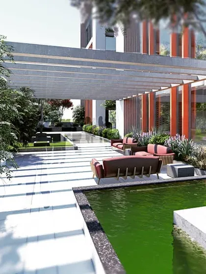 A look at the proposed outdoor courtyard for the BGS School of Architecture. We believe learning extends beyond the classroom, so we designed this tranquil space with integrated seating, greenery, and a water feature to provide a peaceful area for students to relax and collaborate.