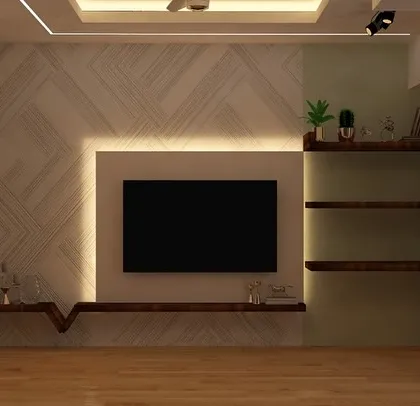 A geometric wallpaper option for the same TV wall, offering a more modern and graphic look.
