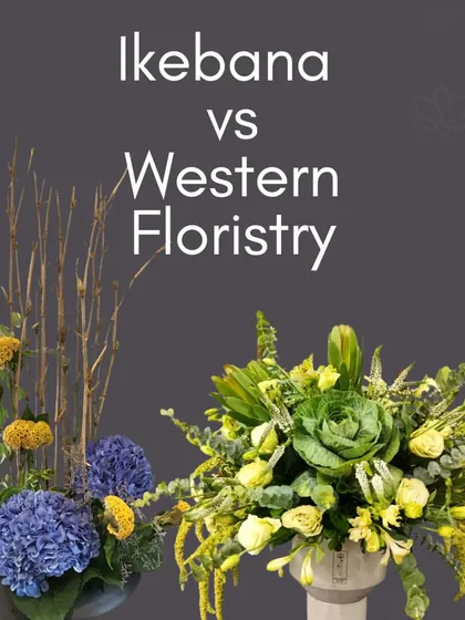 This graphic compares an Ikebana arrangement with a Western floristry one. It visually explains the difference between the minimalist, structural approach of Ikebana and the full, abundant Western style.
