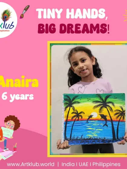 With tiny hands, our young artists dream big. We are so proud of 6-year-old Anaira and her stunning dolphin sunset painting, a beautiful example of the amazing art that comes from our junior classes.