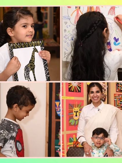 A collage of proud moments from the exhibition, featuring young artists with their families and their incredible artwork.