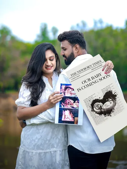 A creative pregnancy announcement shoot is a wonderful way to share your news. This couple used a custom newspaper and their ultrasound scans to tell their story.