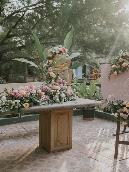 The wedding mandap is the heart of the celebration. We designed this elegant pastel stage at the beautiful Tamarind Tree, using soft drapes and lush florals to create a serene and romantic setting for the couple to begin their new chapter.