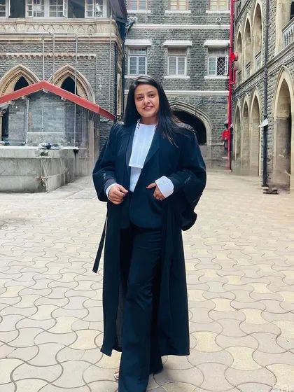 A full-length shot of me at the Bombay High Court. The historic architecture of this court is a powerful backdrop for the practice of law.