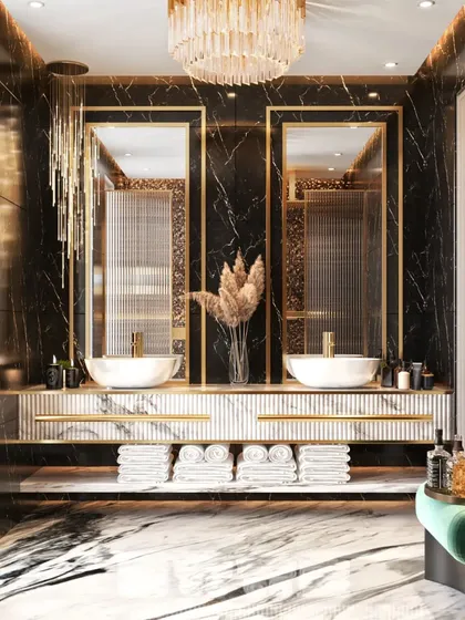 This 3D render of a luxury bathroom showcases intricate details and material textures. I focused on the reflection and light on the black and white marble, gold fixtures, and fluted glass to create a photorealistic preview of the final design.
