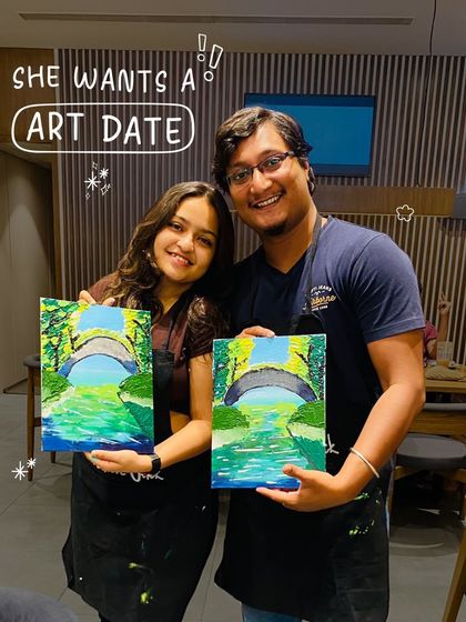 This couple created a beautiful diptych painting of a bridge over a river, with each partner painting one half. It's a wonderful symbol of creating something beautiful together.