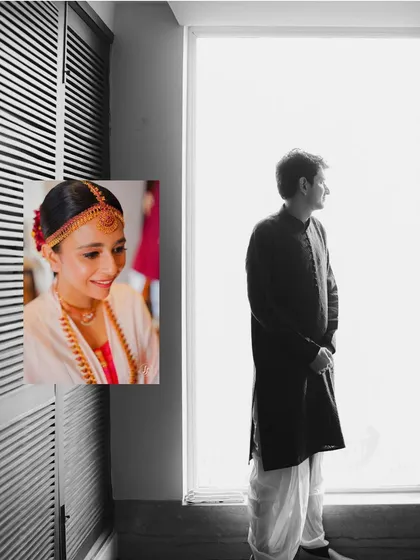 A creative collage contrasting a black and white groom portrait with a color photo of the bride.