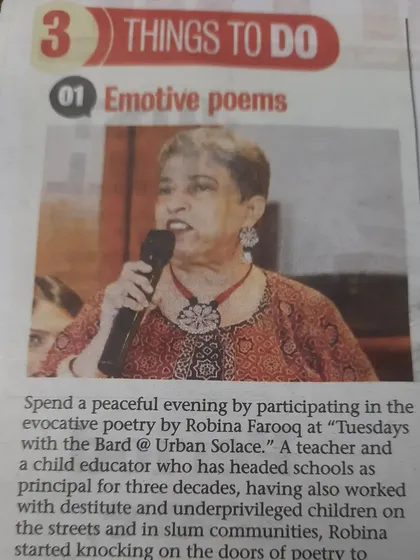 A feature on the "Emotive poems" of Robina Farooq, a teacher and child educator, at 'Tuesdays with the Bard'.