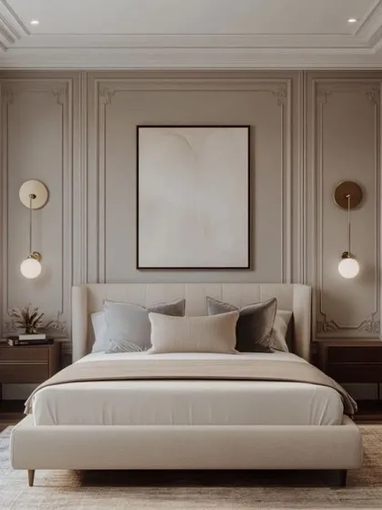 A bright and airy bedroom with a classic feel, featuring light grey wall molding and a coffered ceiling. The space is elegantly styled with modern globe sconces, a neutral color palette, and simple, clean-lined furniture.